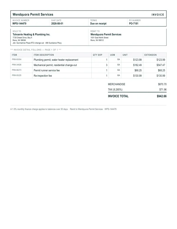 Page one of an invoice from Wendquora Permit Services, an invented company, as a clean PDF
