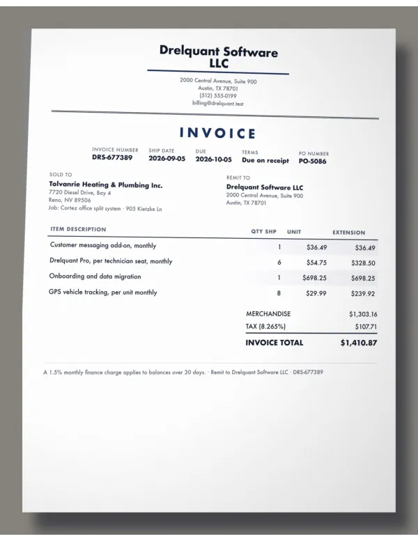 Page one of an invoice from Drelquant Software LLC, an invented company, as a phone photo