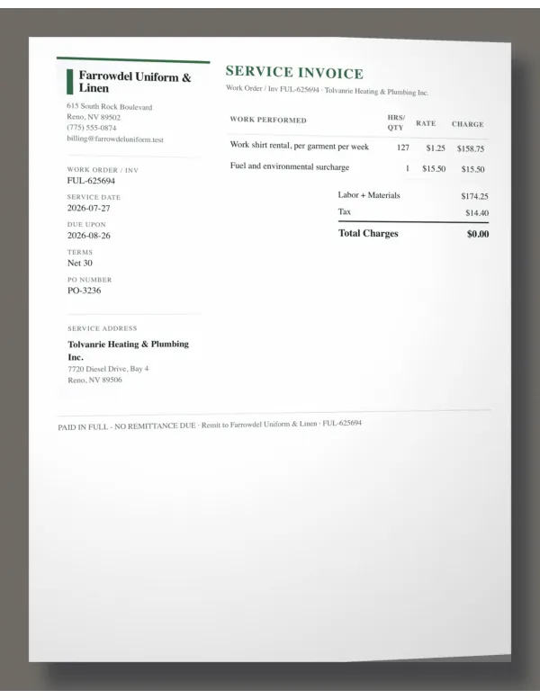 Page one of an invoice from Farrowdel Uniform & Linen, an invented company, as a phone photo