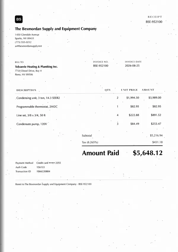 Page one of a receipt from The Bexmordan Supply and Equipment Company, an invented company, as a photocopy