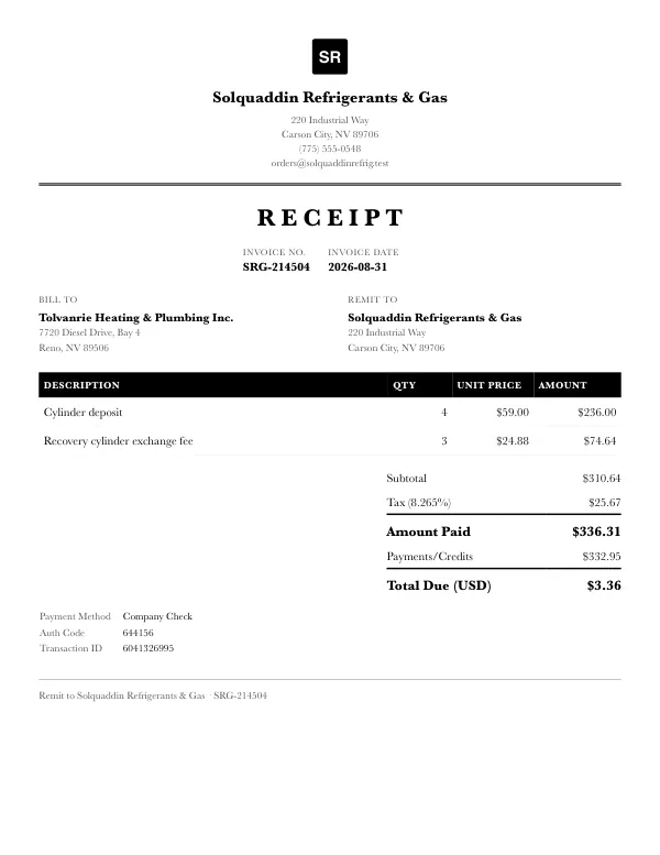 Page one of a receipt from Solquaddin Refrigerants & Gas, an invented company, as a clean PDF