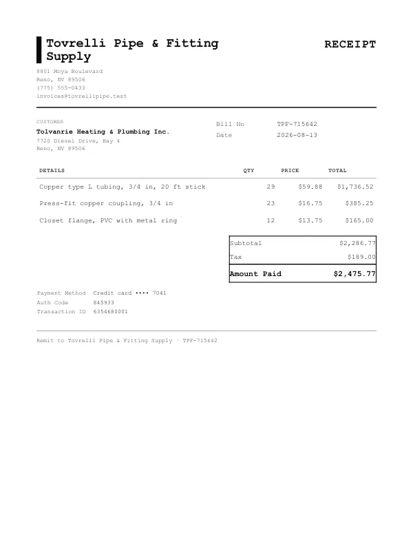 Page one of a receipt from Tovrelli Pipe & Fitting Supply, an invented company, as a clean PDF