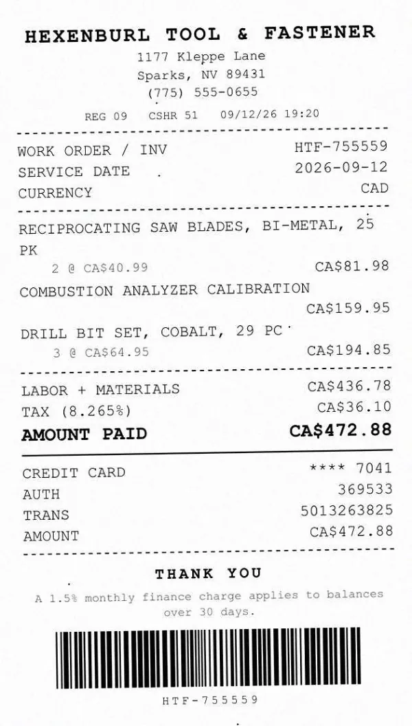 Page one of a receipt from Hexenburl Tool & Fastener, an invented company, as an office scan