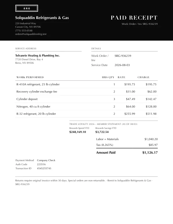 Page one of a receipt from Solquaddin Refrigerants & Gas, an invented company, as a clean PDF