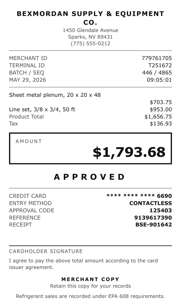 Page one of a receipt from Bexmordan Supply & Equipment Co., an invented company, as a clean PDF