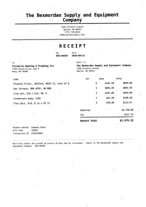 Page one of a receipt from The Bexmordan Supply and Equipment Company, an invented company, as a fax