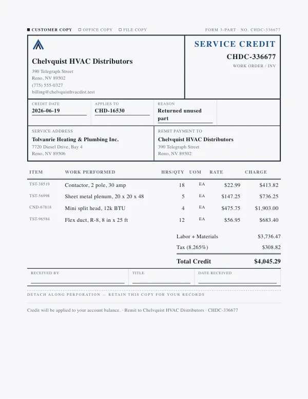 Page one of a credit memo from Chelvquist HVAC Distributors, an invented company, as a clean PDF