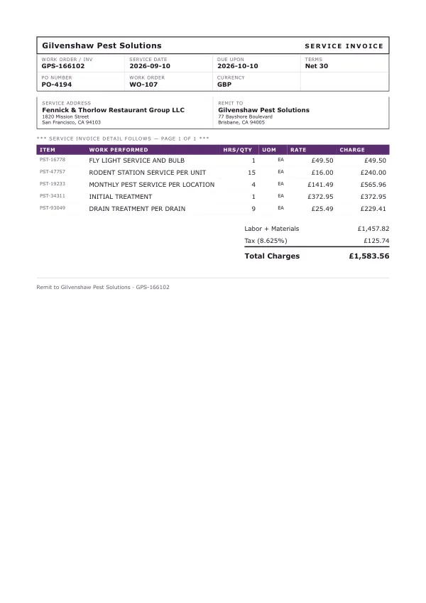 Page one of an invoice from Gilvenshaw Pest Solutions, an invented company, as a clean PDF