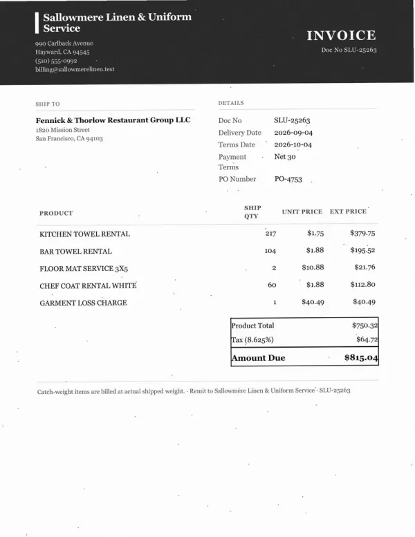 Page one of an invoice from Sallowmere Linen & Uniform Service, an invented company, as an office scan