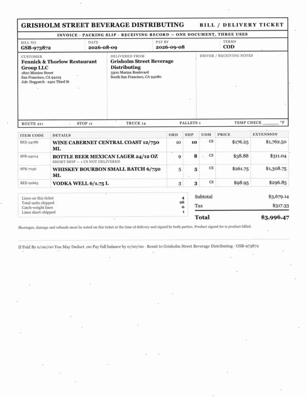 Page one of an invoice from Grisholm Street Beverage Distributing, an invented company, as an office scan
