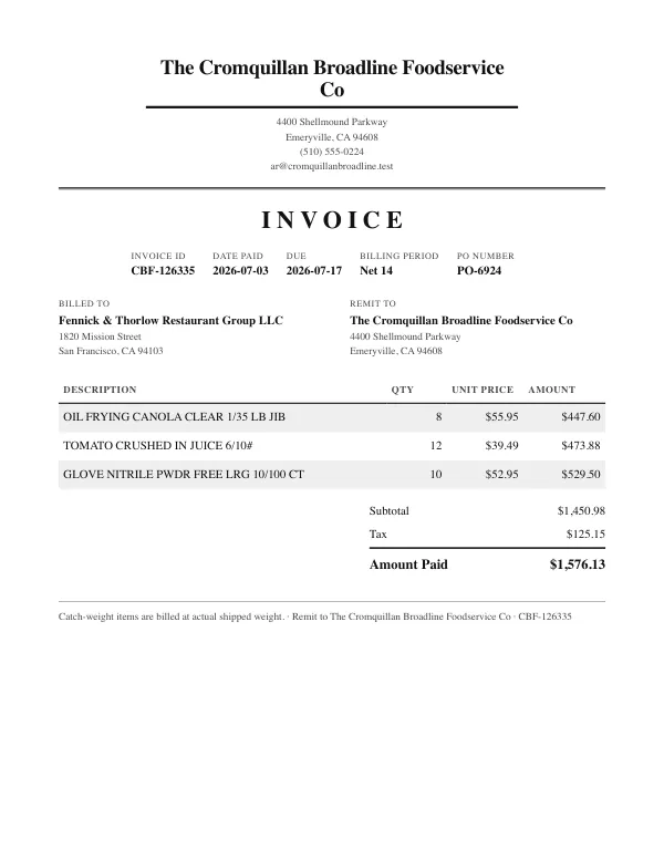 Page one of an invoice from The Cromquillan Broadline Foodservice Co, an invented company, as a clean PDF
