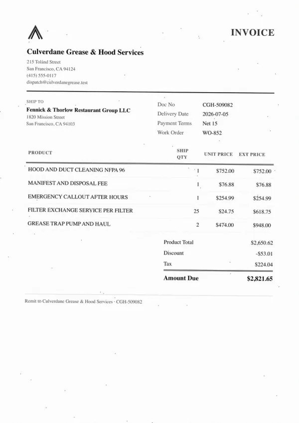 Page one of an invoice from Culverdane Grease & Hood Services, an invented company, as an office scan