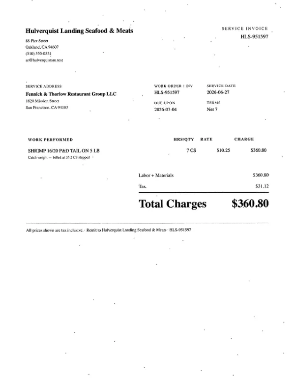 Page one of an invoice from Hulverquist Landing Seafood & Meats, an invented company, as a fax