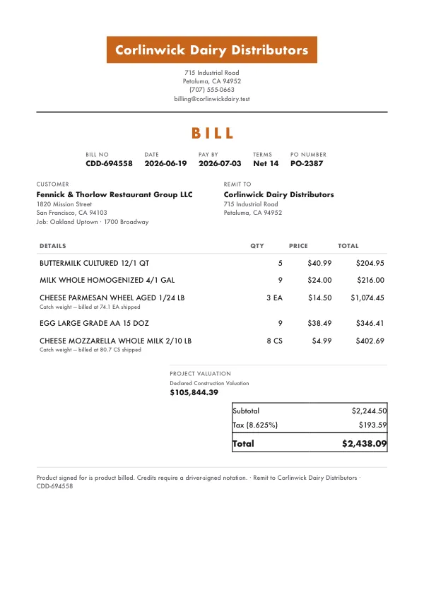 Page one of an invoice from Corlinwick Dairy Distributors, an invented company, as a clean PDF