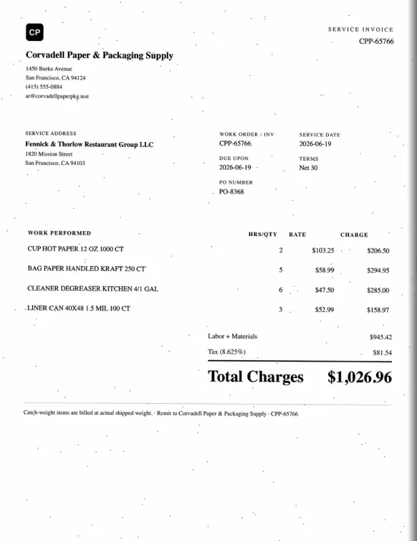 Page one of an invoice from Corvadell Paper & Packaging Supply, an invented company, as a photocopy