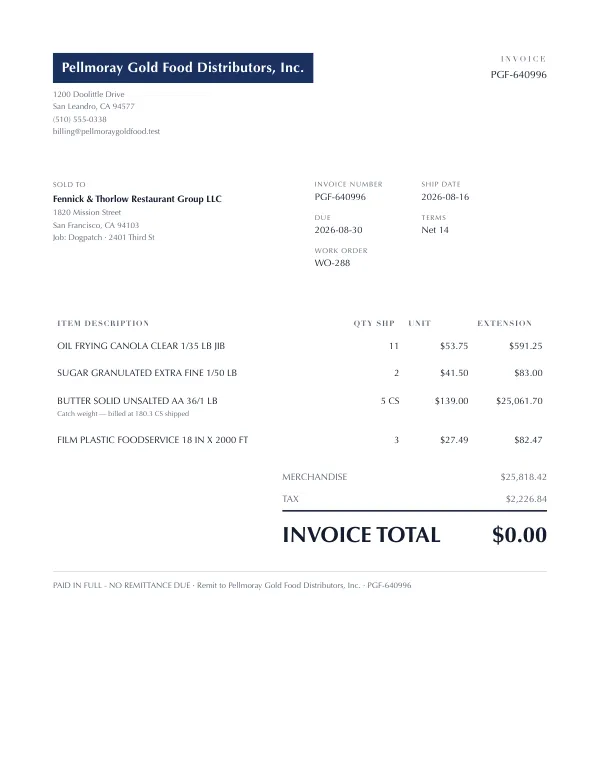 Page one of an invoice from Pellmoray Gold Food Distributors, Inc., an invented company, as a clean PDF