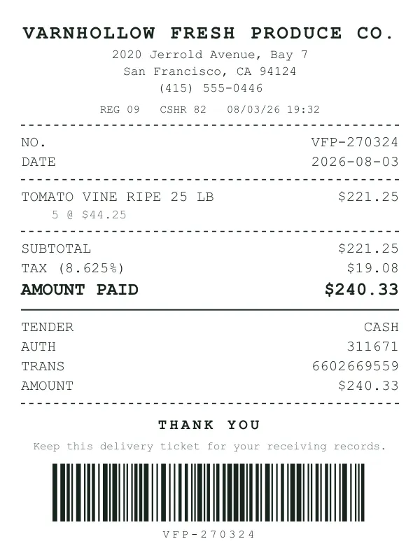 Page one of a receipt from Varnhollow Fresh Produce Co., an invented company, as a clean PDF