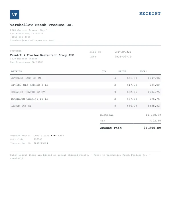 Page one of a receipt from Varnhollow Fresh Produce Co., an invented company, as a clean PDF