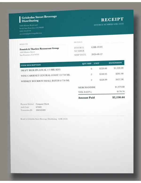 Page one of a receipt from Grisholm Street Beverage Distributing, an invented company, as a phone photo