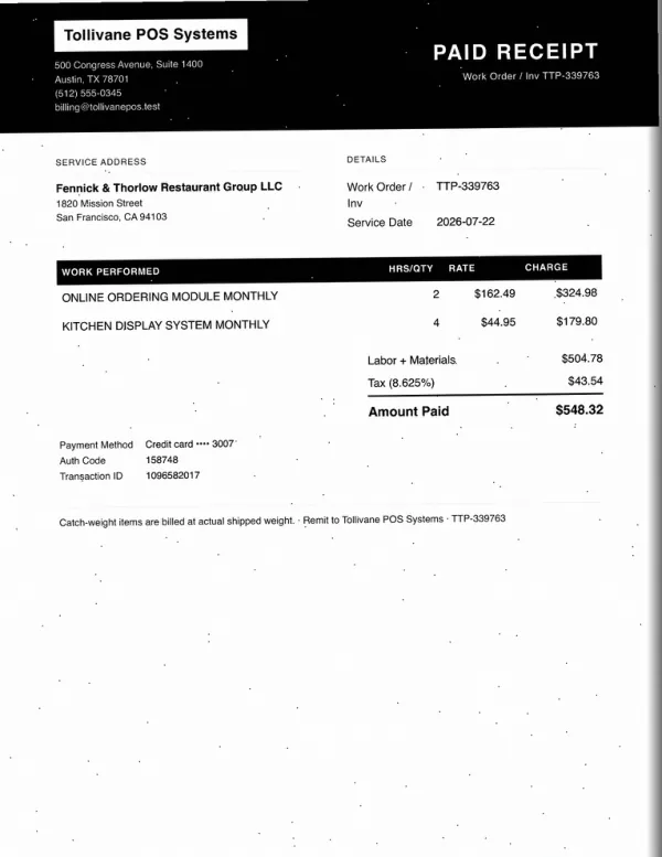 Page one of a receipt from Tollivane POS Systems, an invented company, as a photocopy