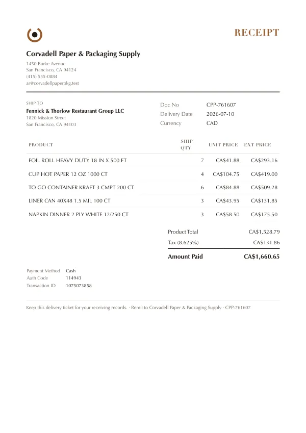 Page one of a receipt from Corvadell Paper & Packaging Supply, an invented company, as a clean PDF