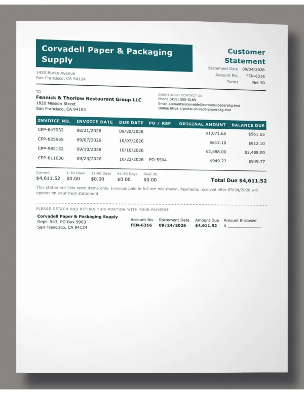 Page one of a statement from Corvadell Paper & Packaging Supply, an invented company, as a phone photo