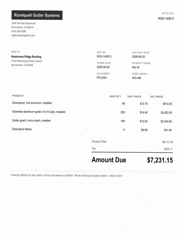 Page one of an invoice from Rundquell Gutter Systems, an invented company, as an office scan