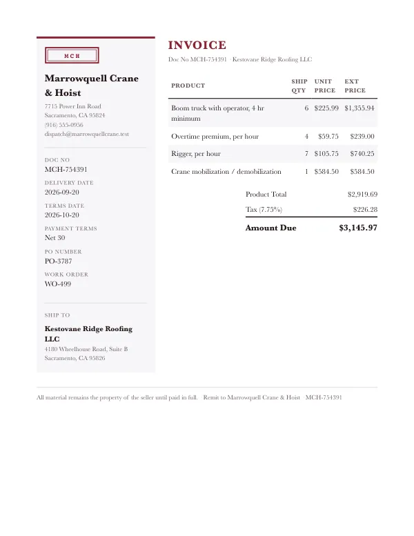 Page one of an invoice from Marrowquell Crane & Hoist, an invented company, as a clean PDF