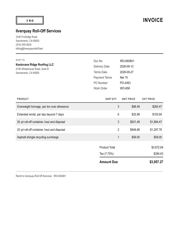 Page one of an invoice from Ilverquay Roll-Off Services, an invented company, as a clean PDF