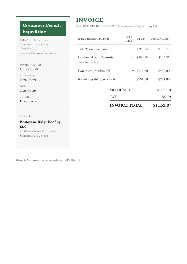 Page one of an invoice from Crenmoor Permit Expediting, an invented company, as a clean PDF