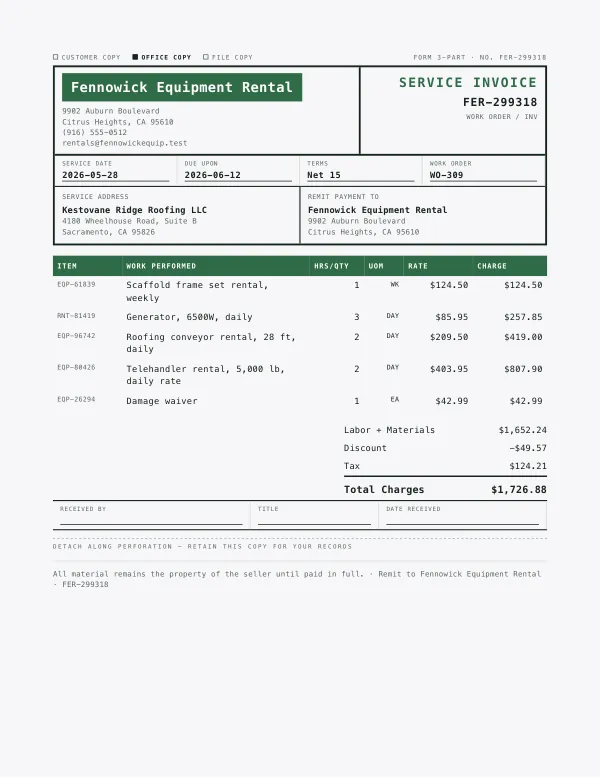 Page one of an invoice from Fennowick Equipment Rental, an invented company, as a clean PDF