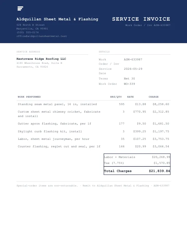 Page one of an invoice from Aldquillan Sheet Metal & Flashing, an invented company, as a clean PDF