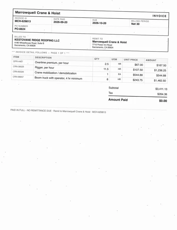 Page one of an invoice from Marrowquell Crane & Hoist, an invented company, as an office scan