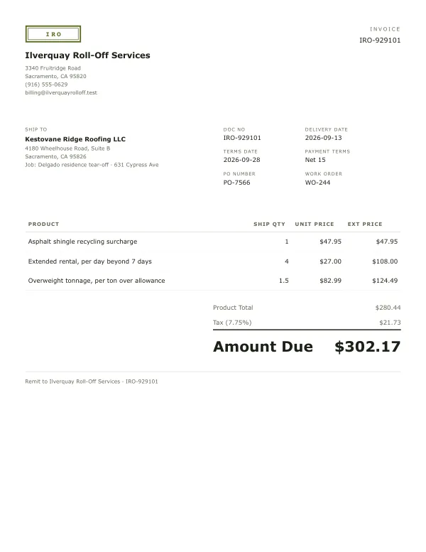 Page one of an invoice from Ilverquay Roll-Off Services, an invented company, as a clean PDF