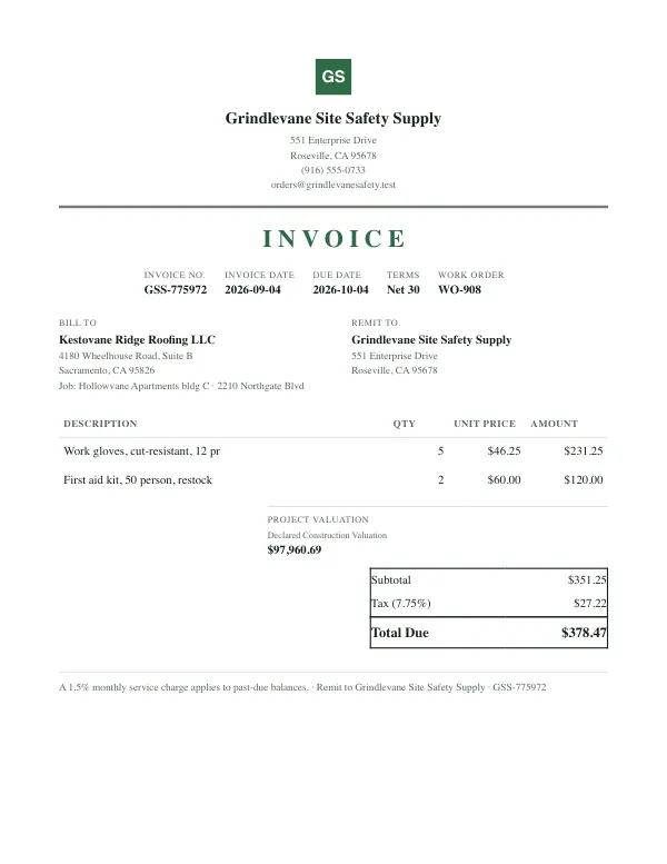 Page one of an invoice from Grindlevane Site Safety Supply, an invented company, as a clean PDF