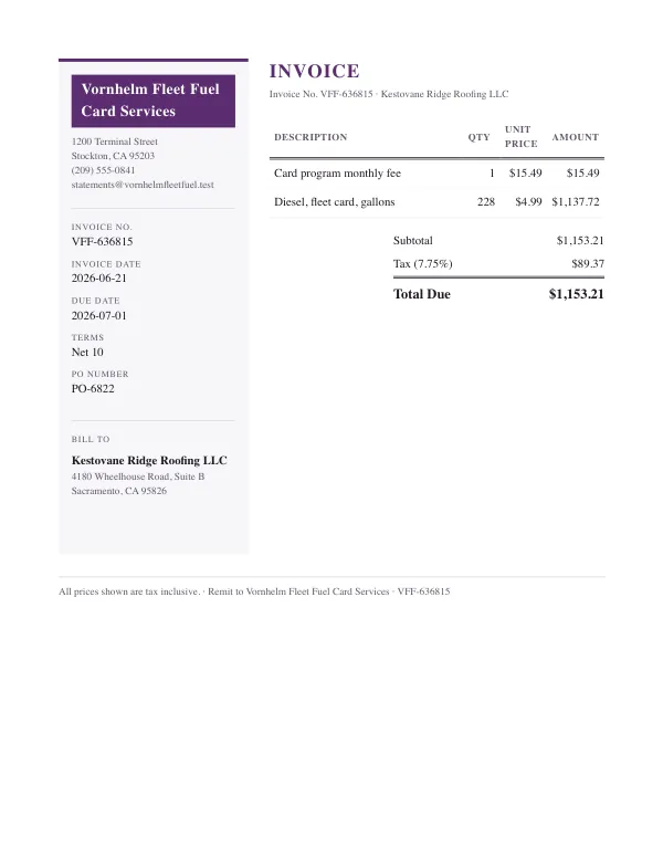 Page one of an invoice from Vornhelm Fleet Fuel Card Services, an invented company, as a clean PDF