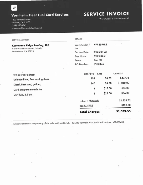 Page one of an invoice from Vornhelm Fleet Fuel Card Services, an invented company, as an office scan