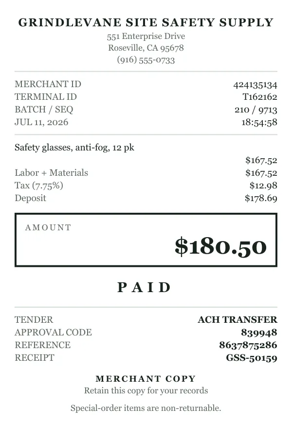 Page one of a receipt from Grindlevane Site Safety Supply, an invented company, as a clean PDF