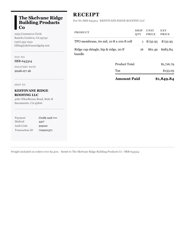 Page one of a receipt from The Skelvane Ridge Building Products Co, an invented company, as a clean PDF