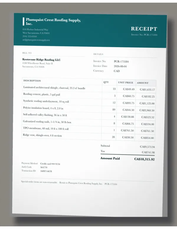 Page one of a receipt from Plumquist Crest Roofing Supply, Inc., an invented company, as a phone photo