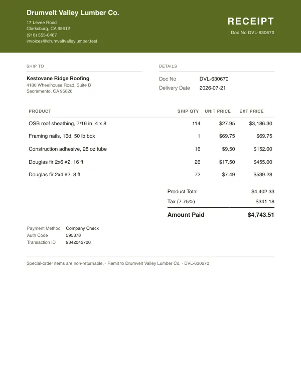 Page one of a receipt from Drumvelt Valley Lumber Co., an invented company, as a clean PDF