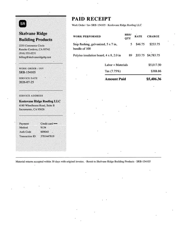 Page one of a receipt from Skelvane Ridge Building Products, an invented company, as a fax