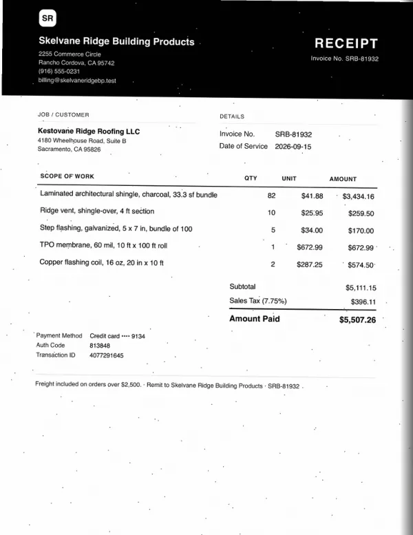 Page one of a receipt from Skelvane Ridge Building Products, an invented company, as a photocopy