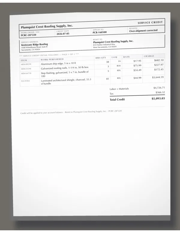 Page one of a credit memo from Plumquist Crest Roofing Supply, Inc., an invented company, as a phone photo