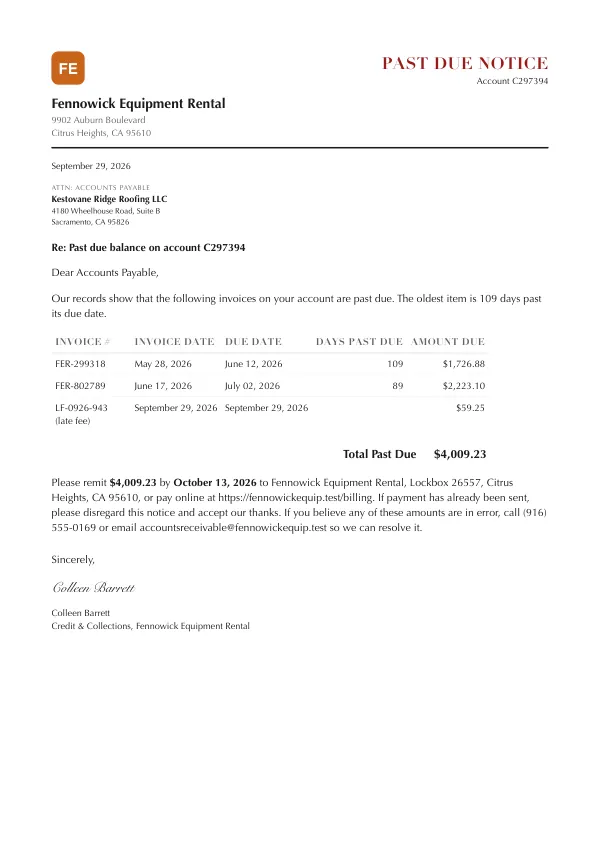 Page one of a statement from Fennowick Equipment Rental, an invented company, as a clean PDF