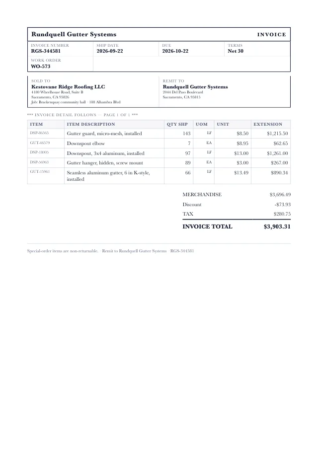 Clean PDF invoice from Rundquell Gutter Systems, an invented gutter supplier, listing gutter guard, downspouts and hangers