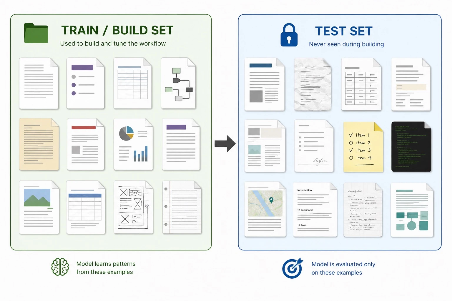 Step 1: gathering varied example documents and splitting them into a build set and a test set