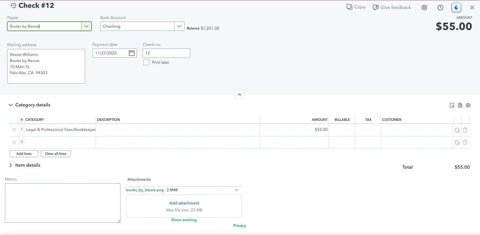 QuickBooks check detail view with the receipt attached